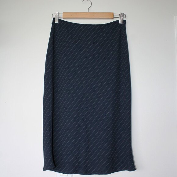 90s Rare Vintage Breechers Brook for Fairweather Navy Pinstripe Midi Skirt 26" - Picture 1 of 5